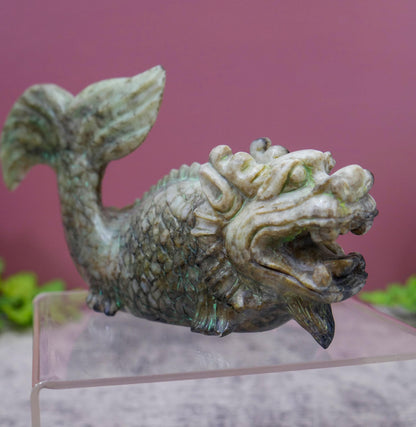 Vintage Chinese Carved Jade Dragon Carp Fish Statue Sculpture -