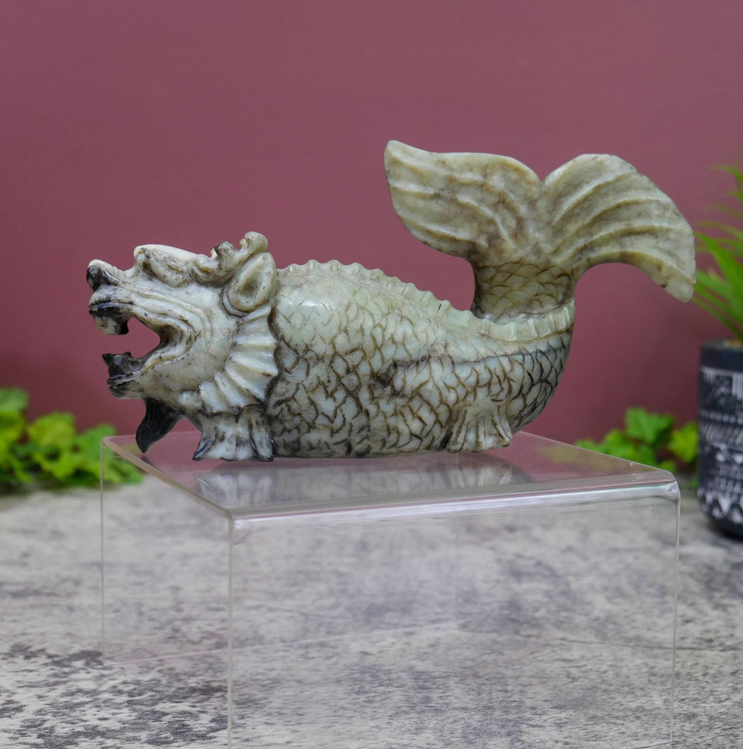 Vintage Chinese Carved Jade Dragon Carp Fish Statue Sculpture -