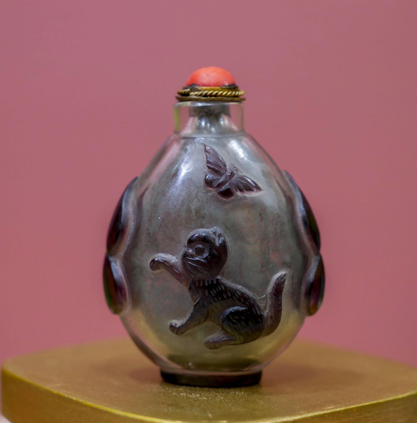 Vintage Chinese Peking Glass Overlay Carved Snuff Bottle - Cat Chasing Butterfly