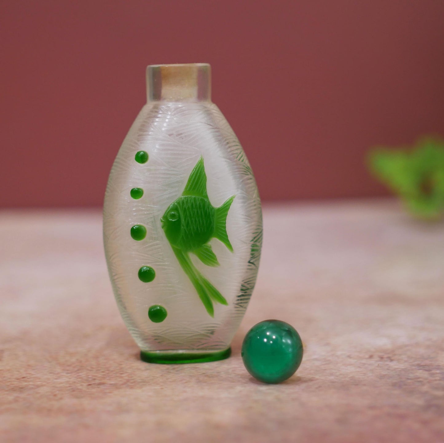 3" Vintage Chinese Peking Glass Overlay Carved Snuff Bottle - Green Fish Design