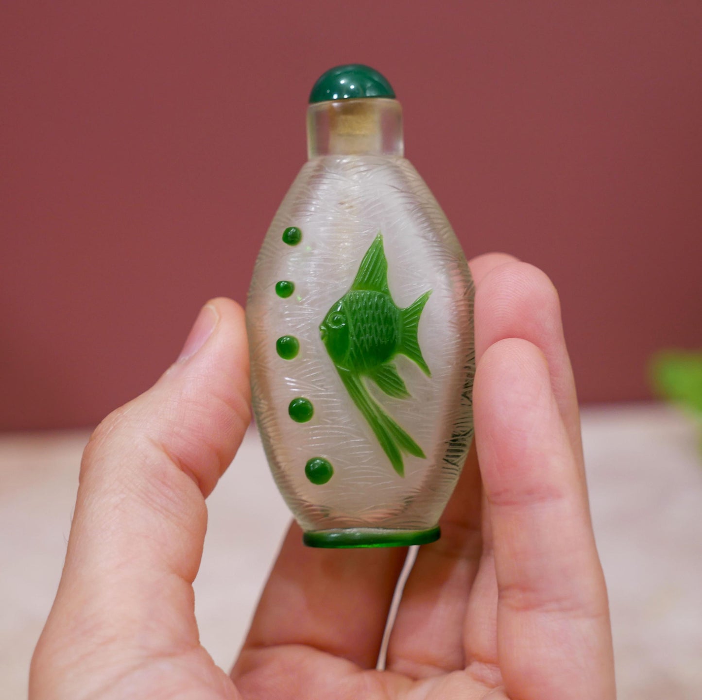 3" Vintage Chinese Peking Glass Overlay Carved Snuff Bottle - Green Fish Design