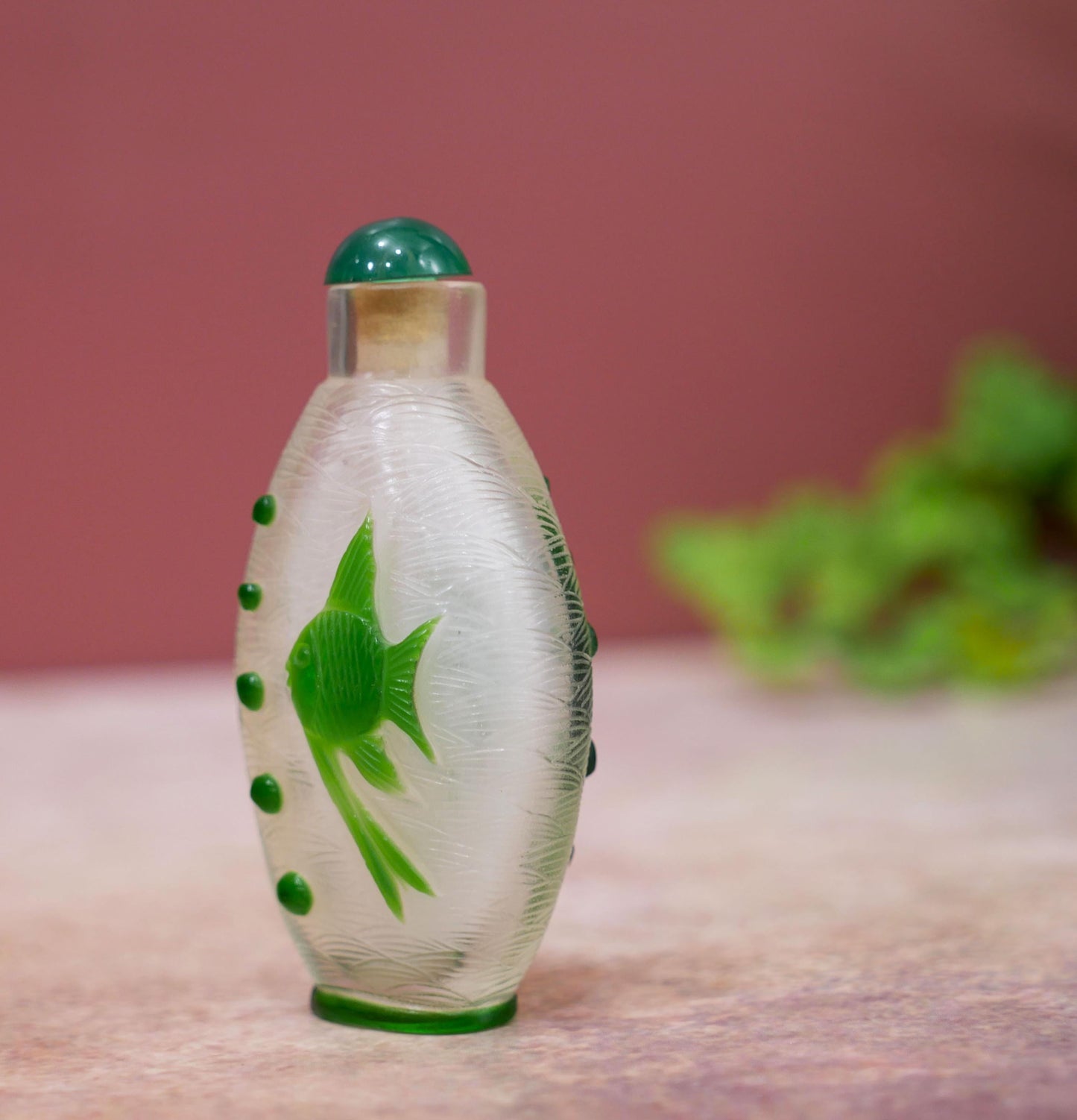 3" Vintage Chinese Peking Glass Overlay Carved Snuff Bottle - Green Fish Design