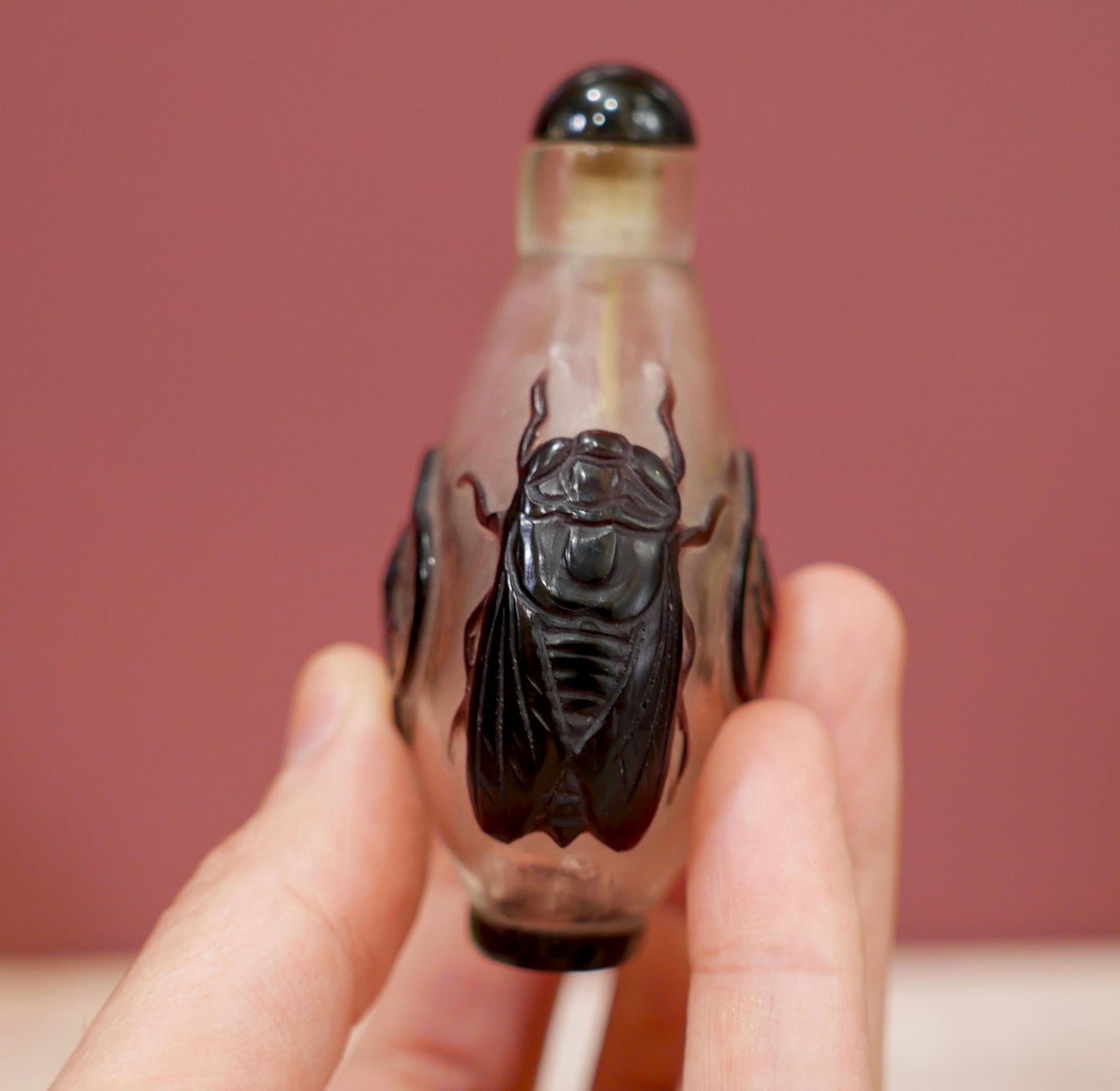 Large Vintage Chinese Glass Overlay Carved Snuff Bottle - Flowers Bugs Design