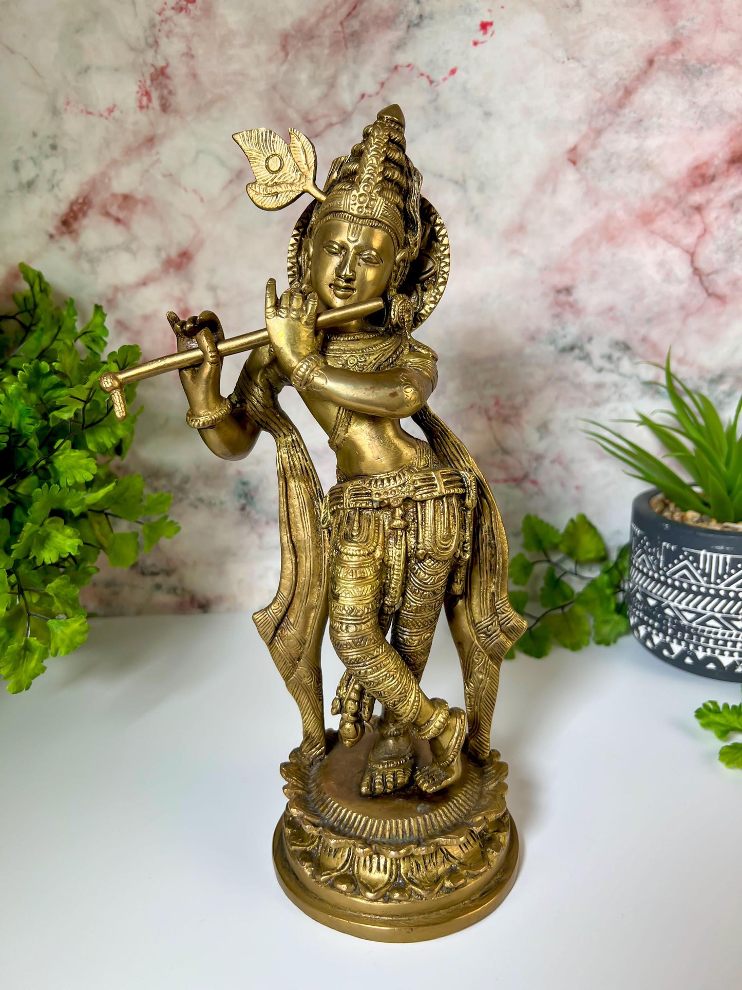 Krishna Statue | Vintage Brass Lord Krishna Playing Flute Deity Sculpture - 11" Tall