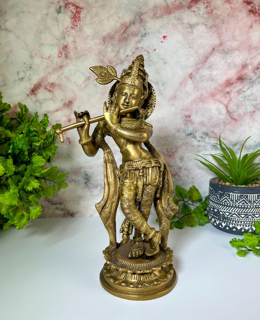 Krishna Statue | Vintage Brass Lord Krishna Playing Flute Deity Sculpture - 11" Tall