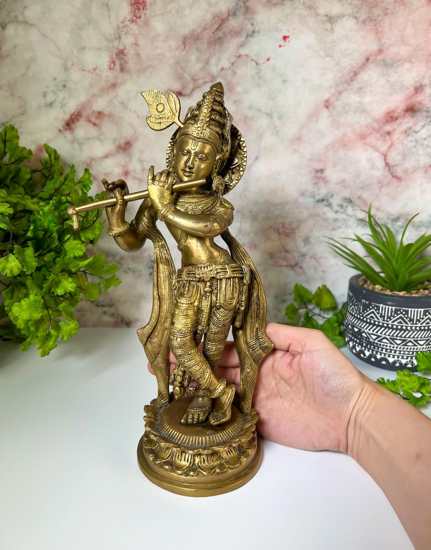 Krishna Statue | Vintage Brass Lord Krishna Playing Flute Deity Sculpture - 11" Tall