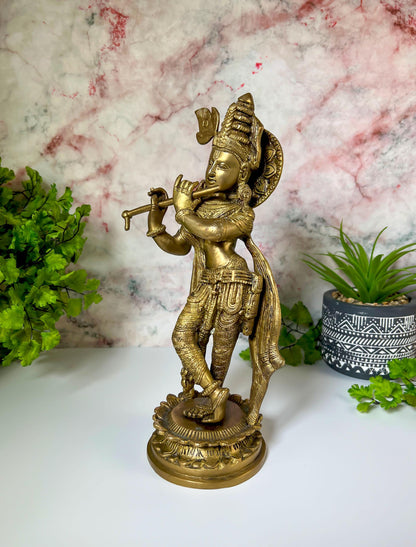 Krishna Statue | Vintage Brass Lord Krishna Playing Flute Deity Sculpture - 11" Tall