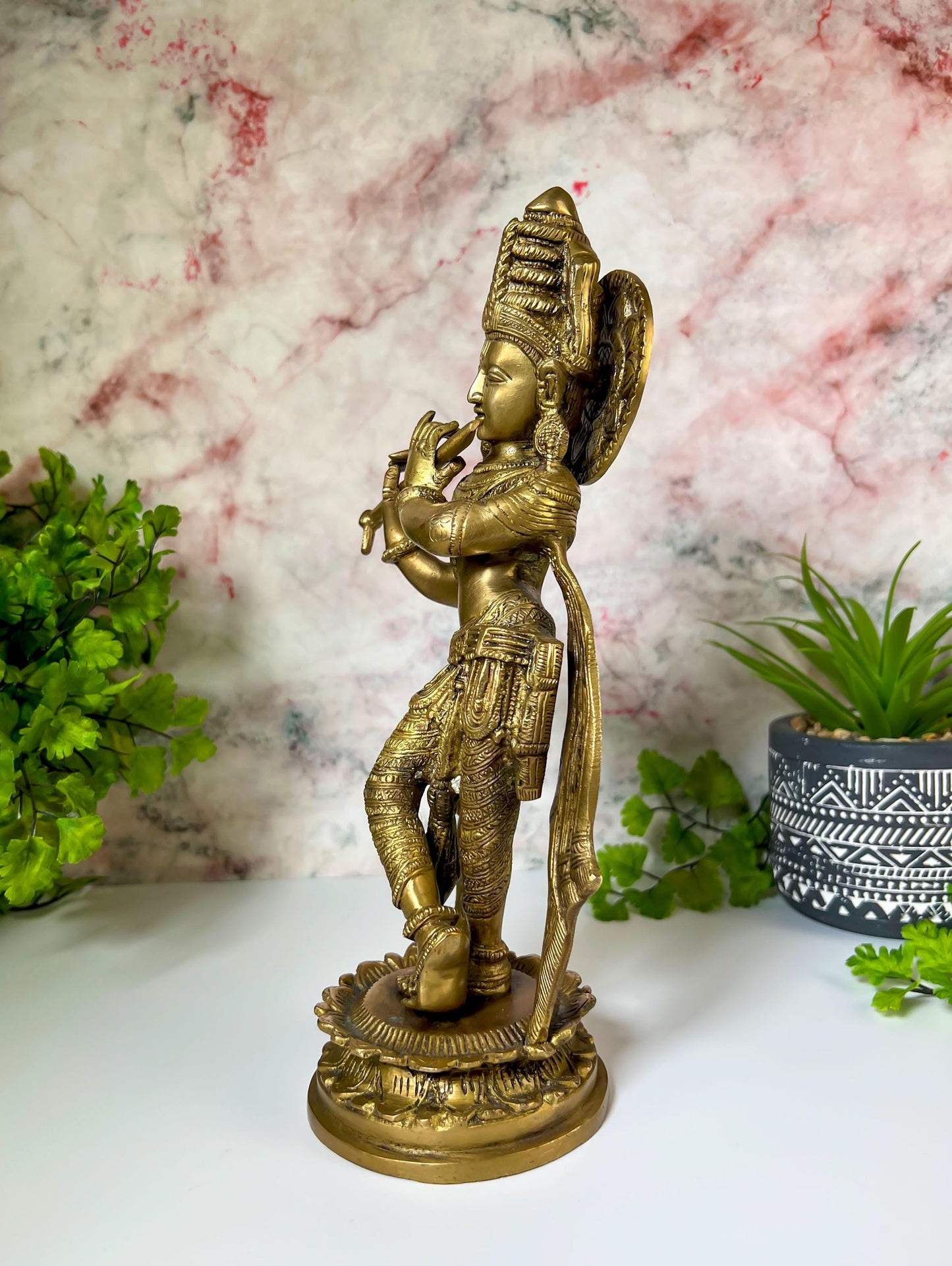 Krishna Statue | Vintage Brass Lord Krishna Playing Flute Deity Sculpture - 11" Tall