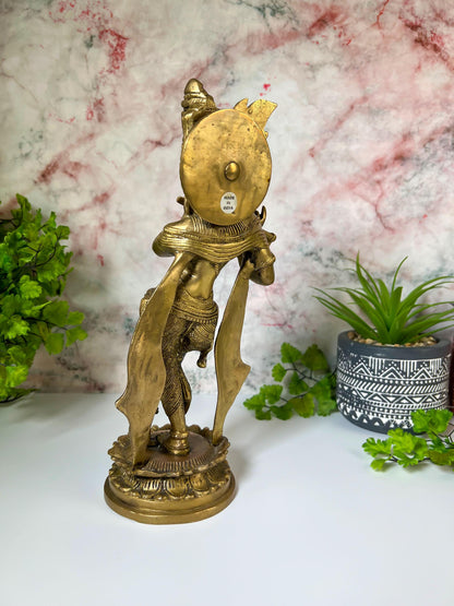 Krishna Statue | Vintage Brass Lord Krishna Playing Flute Deity Sculpture - 11" Tall