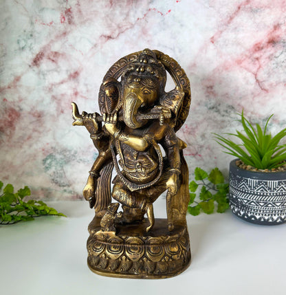 Ganesh Statue | Vintage Brass Hindu Lord Ganesha Playing Flute Deity - 10.5" Tall