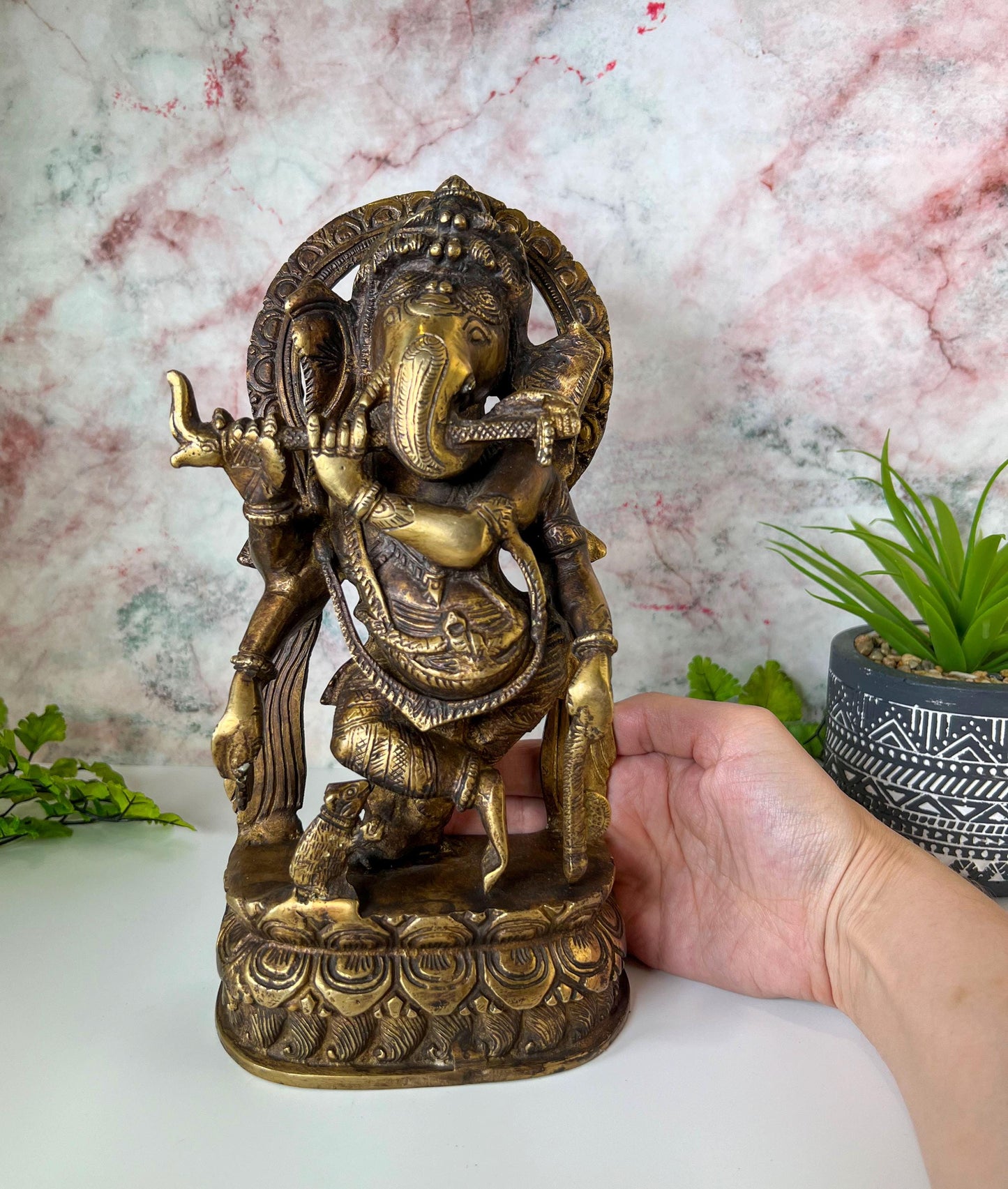 Ganesh Statue | Vintage Brass Hindu Lord Ganesha Playing Flute Deity - 10.5" Tall