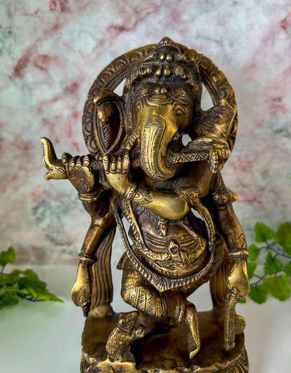 Ganesh Statue | Vintage Brass Hindu Lord Ganesha Playing Flute Deity - 10.5" Tall