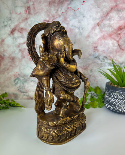 Ganesh Statue | Vintage Brass Hindu Lord Ganesha Playing Flute Deity - 10.5" Tall