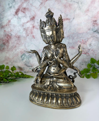 Vintage Guanyin Statue 4 Head 8 Arms  | Tibet Buddhism Buddha Goddess - 9.5" Tall