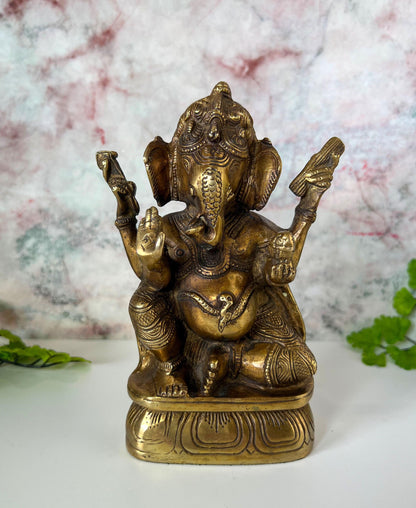 Ganesh Statue | Handmade Brass Hindu Lord Ganesha Deity Sculpture  - 7" Height