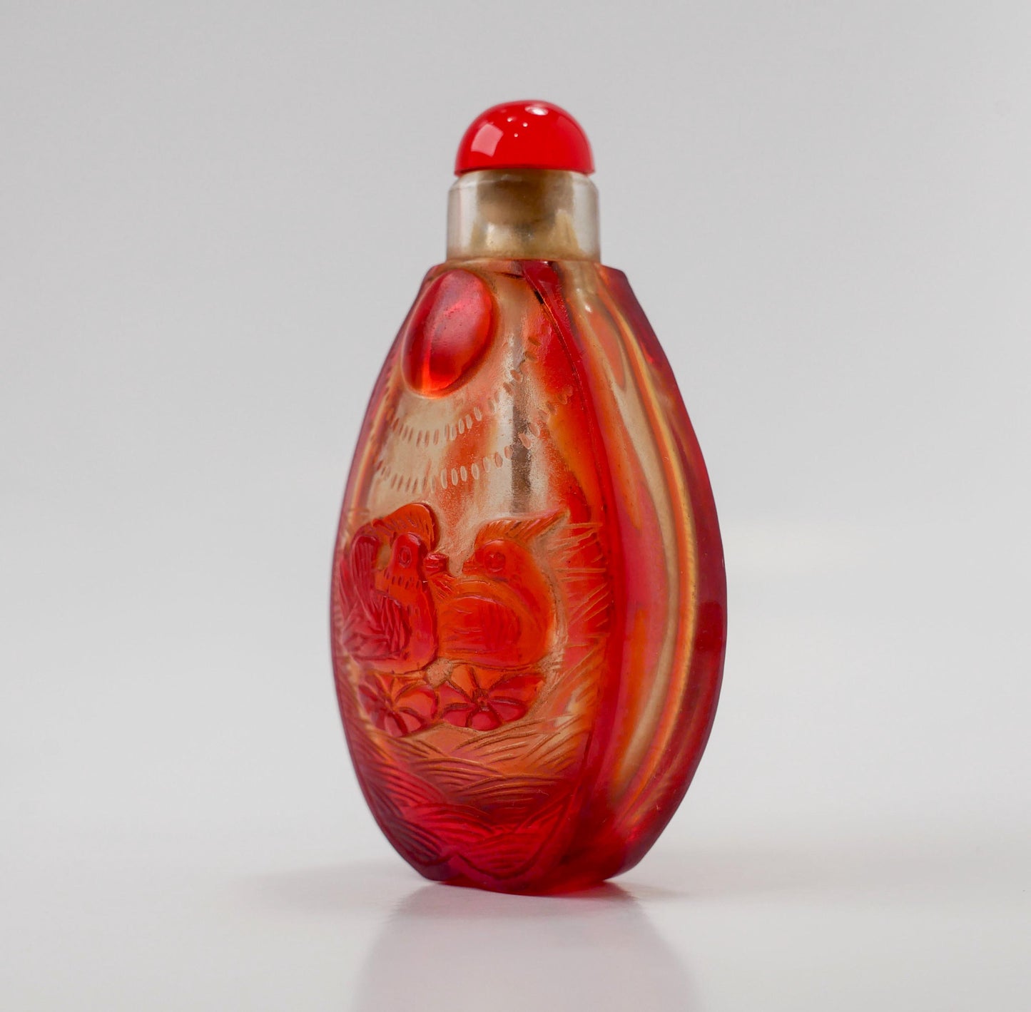 3" Snuff Bottle | Vintage Chinese Peking Glass Carved Snuff Bottle - Phoenixes & Fish