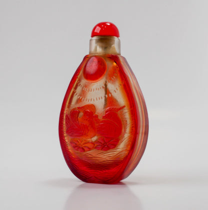 3" Snuff Bottle | Vintage Chinese Peking Glass Carved Snuff Bottle - Phoenixes & Fish