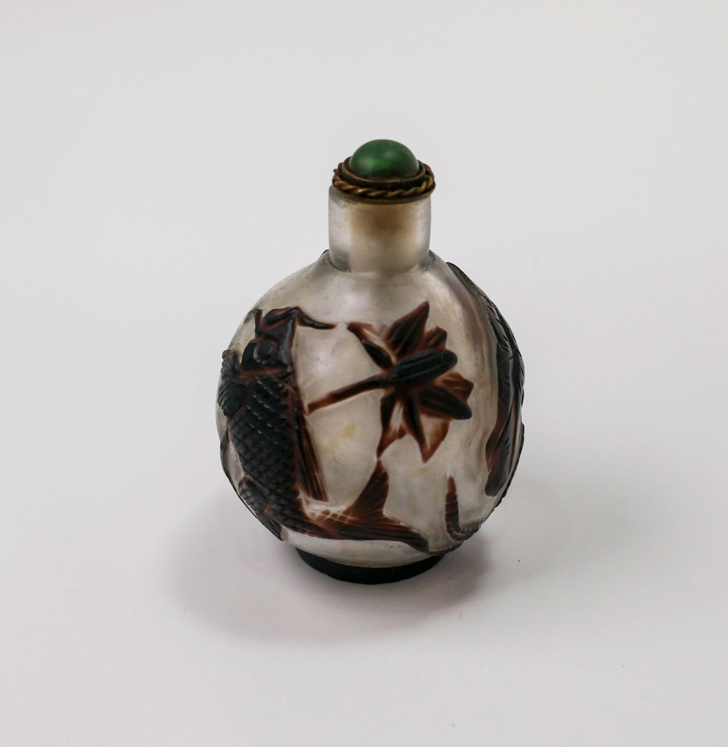 Round Snuff Bottle | Vintage Chinese Peking Glass Carved Snuff Bottle - 2.25" Tall