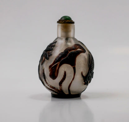 Round Snuff Bottle | Vintage Chinese Peking Glass Carved Snuff Bottle - 2.25" Tall