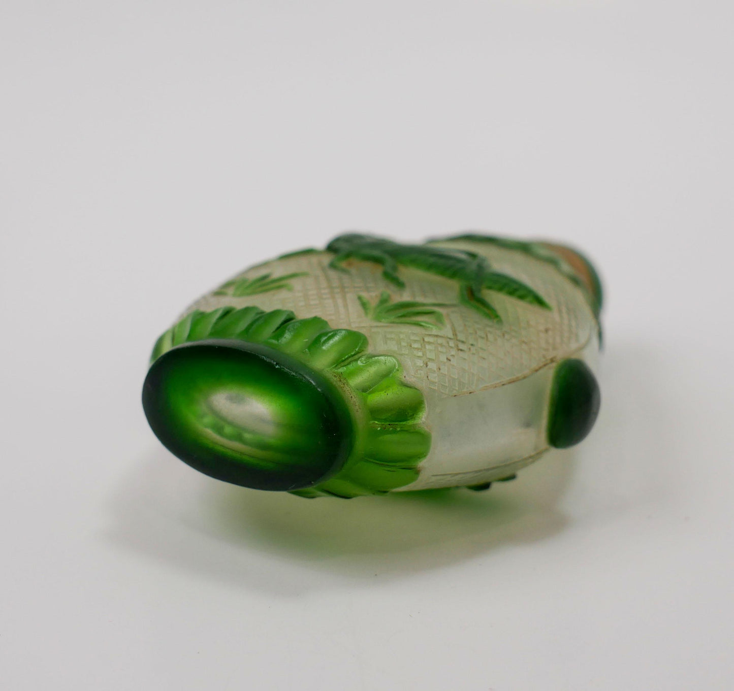 3" Snuff Bottle | Vintage Chinese Peking Glass Carved Grasshopper Snuff Bottle