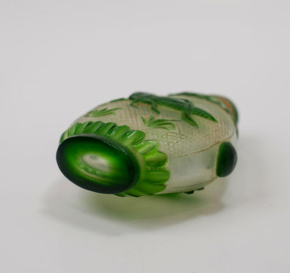 3" Snuff Bottle | Vintage Chinese Peking Glass Carved Grasshopper Snuff Bottle