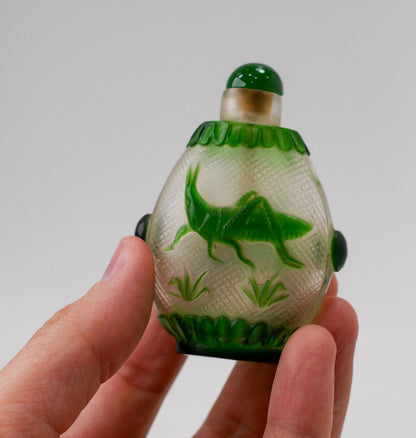 3" Snuff Bottle | Vintage Chinese Peking Glass Carved Grasshopper Snuff Bottle