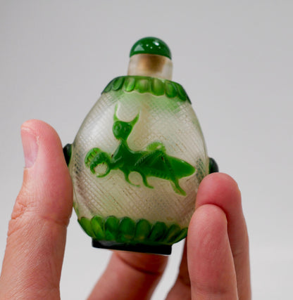 3" Snuff Bottle | Vintage Chinese Peking Glass Carved Grasshopper Snuff Bottle