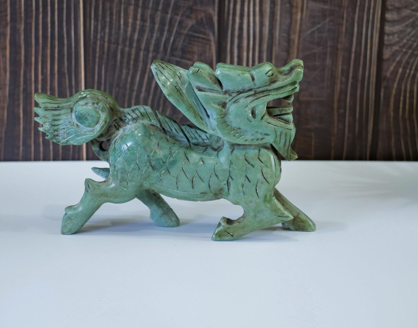 Chinese Jade Carved Dragon Statue  | Feng Shui Dragon Figurine -  7" Long