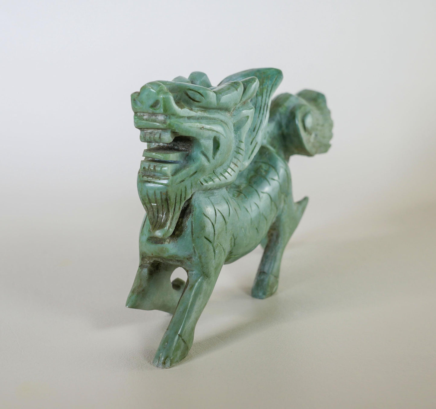 Chinese Jade Carved Dragon Statue  | Feng Shui Dragon Figurine -  7" Long