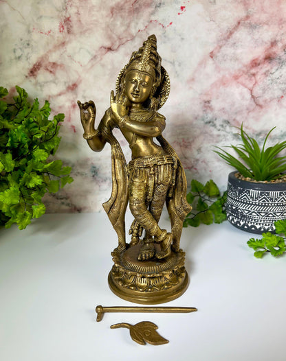 Krishna Statue | Vintage Brass Lord Krishna Playing Flute Deity Sculpture - 11" Tall