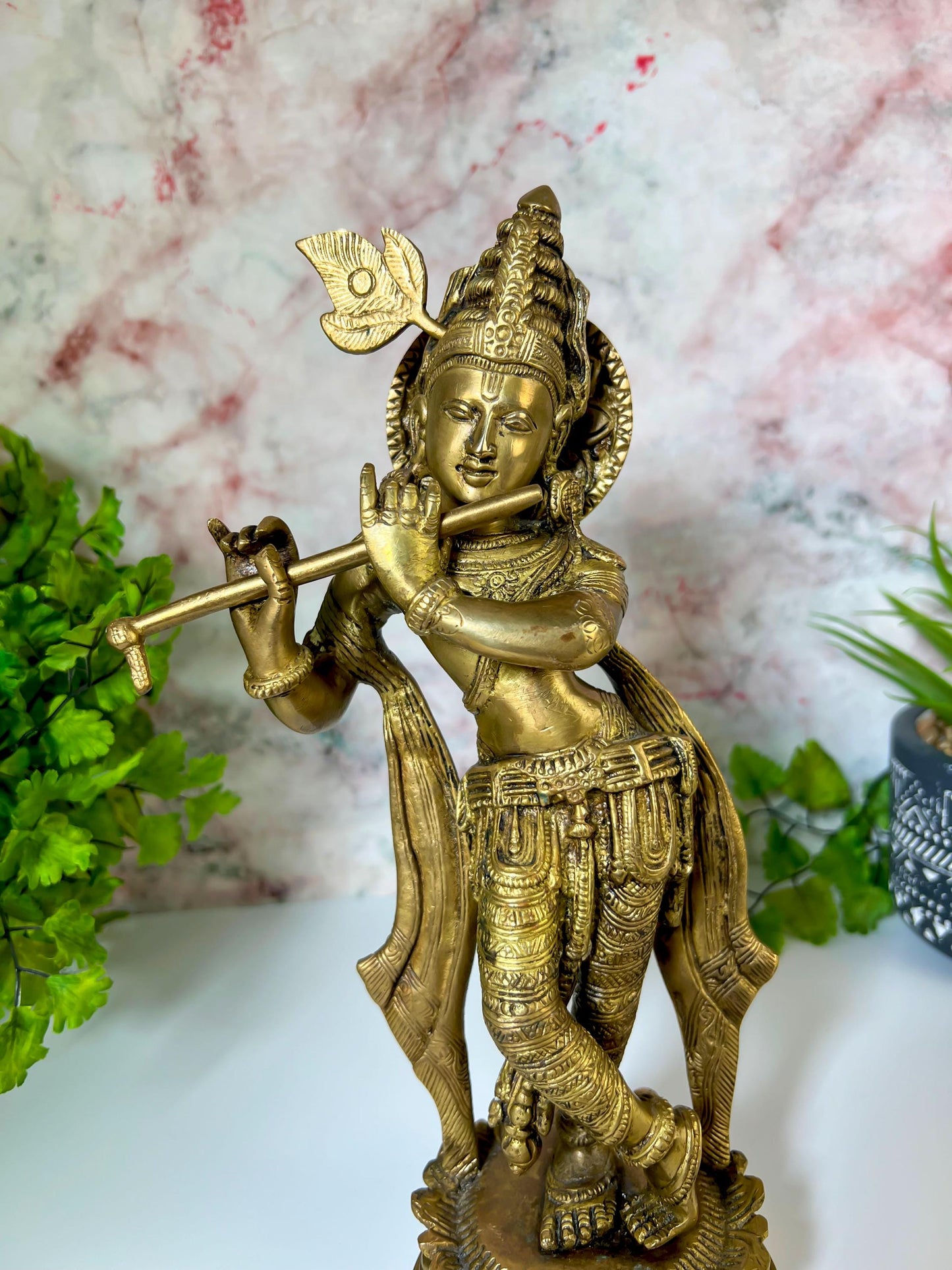 Krishna Statue | Vintage Brass Lord Krishna Playing Flute Deity Sculpture - 11" Tall