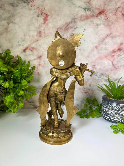 Krishna Statue | Vintage Brass Lord Krishna Playing Flute Deity Sculpture - 11" Tall