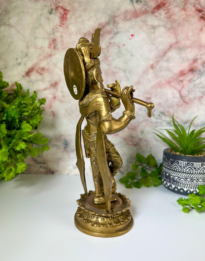 Krishna Statue | Vintage Brass Lord Krishna Playing Flute Deity Sculpture - 11" Tall