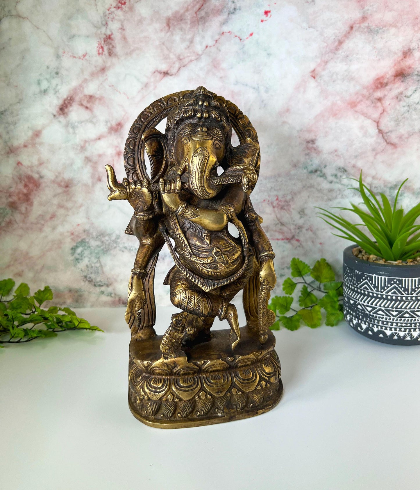 Ganesh Statue | Vintage Brass Hindu Lord Ganesha Playing Flute Deity - 10.5" Tall