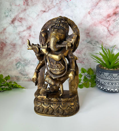 Ganesh Statue | Vintage Brass Hindu Lord Ganesha Playing Flute Deity - 10.5" Tall