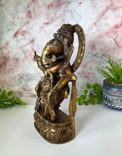 Ganesh Statue | Vintage Brass Hindu Lord Ganesha Playing Flute Deity - 10.5" Tall