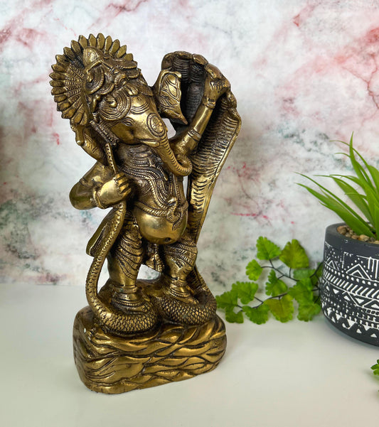 Ganesh Statue | Adorable Vintage Lord Ganesha Dancing On Sheshnag  - 9.5" Tall