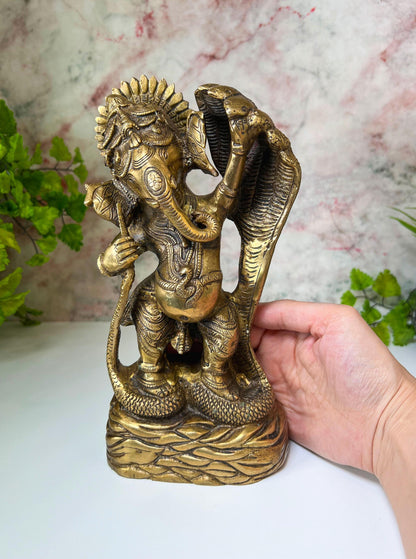 Ganesh Statue | Adorable Vintage Lord Ganesha Dancing On Sheshnag  - 9.5" Tall