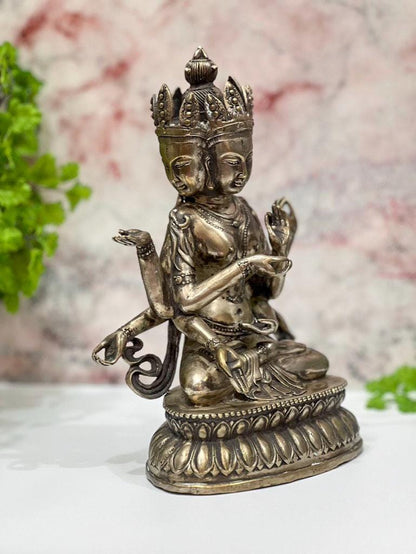 Vintage Guanyin Statue 4 Head 8 Arms  | Tibet Buddhism Buddha Goddess - 9.5" Tall