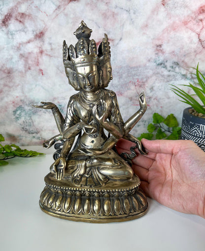 Vintage Guanyin Statue 4 Head 8 Arms  | Tibet Buddhism Buddha Goddess - 9.5" Tall