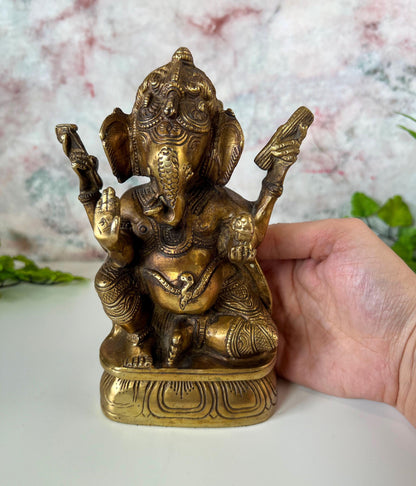 Ganesh Statue | Handmade Brass Hindu Lord Ganesha Deity Sculpture  - 7" Height