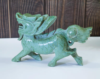 Chinese Jade Carved Dragon Statue  | Feng Shui Dragon Figurine -  7" Long