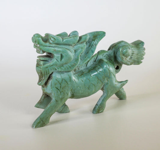 Chinese Jade Carved Dragon Statue  | Feng Shui Dragon Figurine -  7" Long