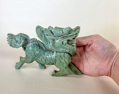 Chinese Jade Carved Dragon Statue  | Feng Shui Dragon Figurine -  7" Long