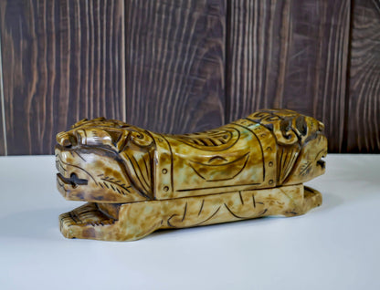 Vintage Chinese Jade Foo Dog Pillow Box Trinket Hand Carved  - 9.75" Long