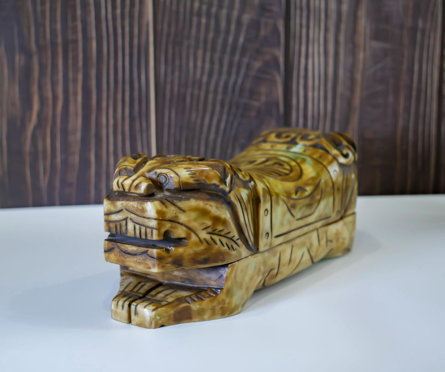 Vintage Chinese Jade Foo Dog Pillow Box Trinket Hand Carved  - 9.75" Long