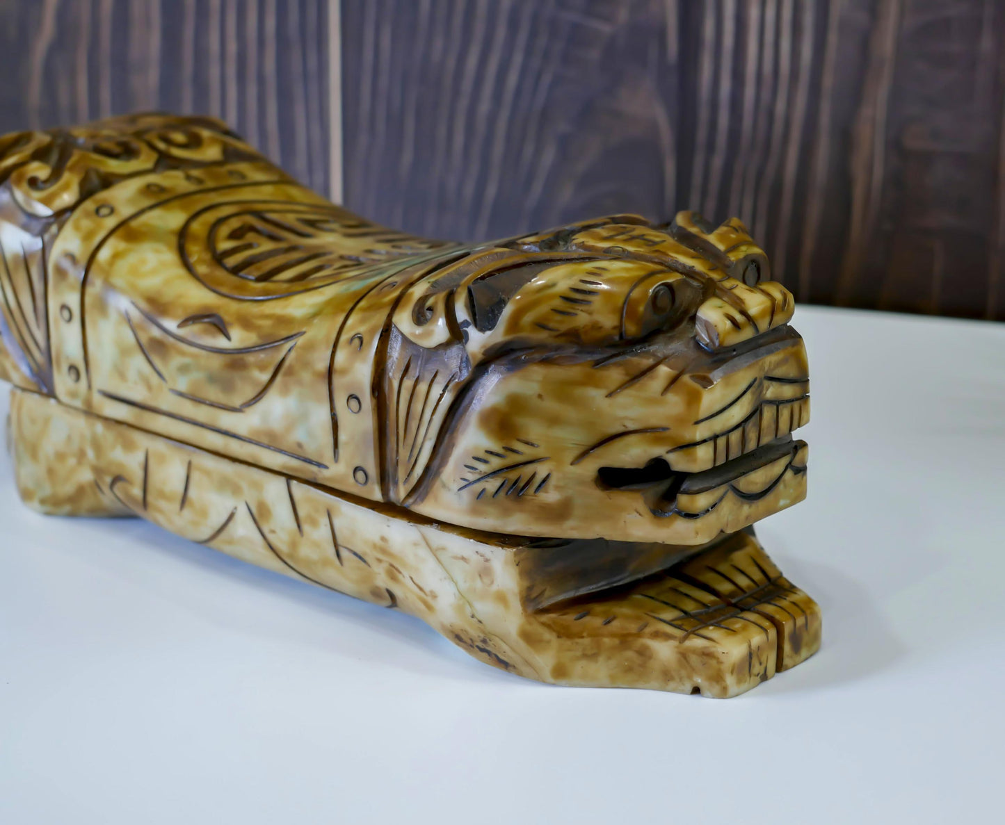 Vintage Chinese Jade Foo Dog Pillow Box Trinket Hand Carved  - 9.75" Long