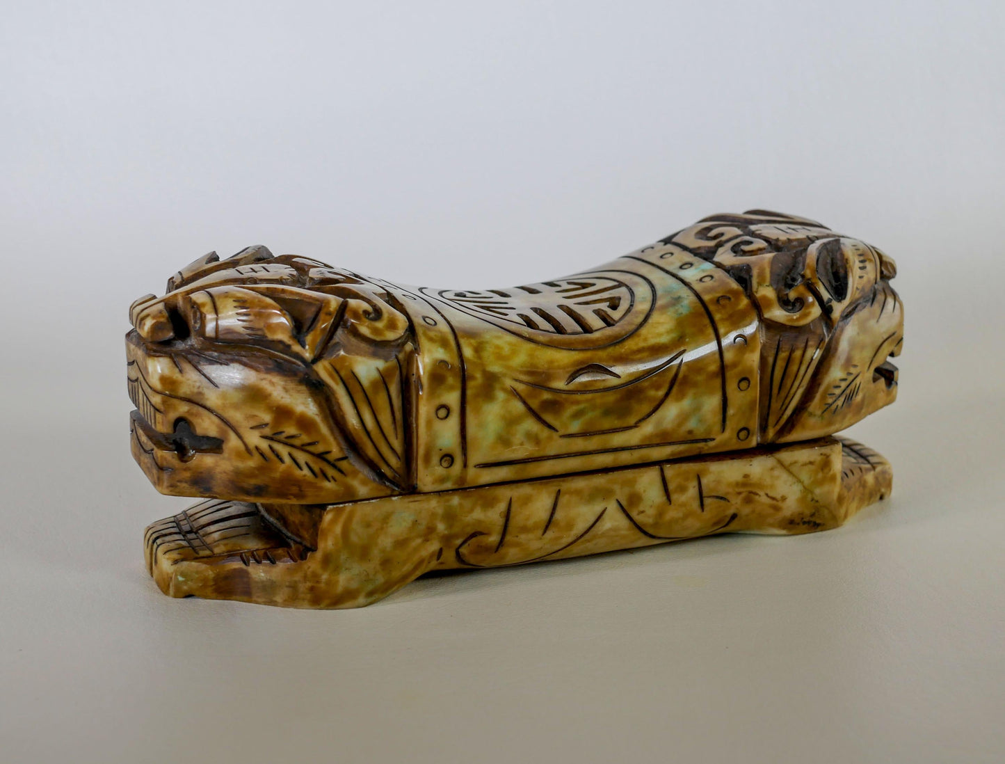 Vintage Chinese Jade Foo Dog Pillow Box Trinket Hand Carved  - 9.75" Long