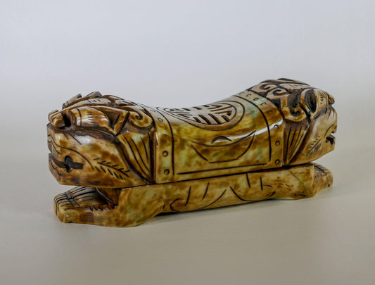 Vintage Chinese Jade Foo Dog Pillow Box Trinket Hand Carved  - 9.75" Long