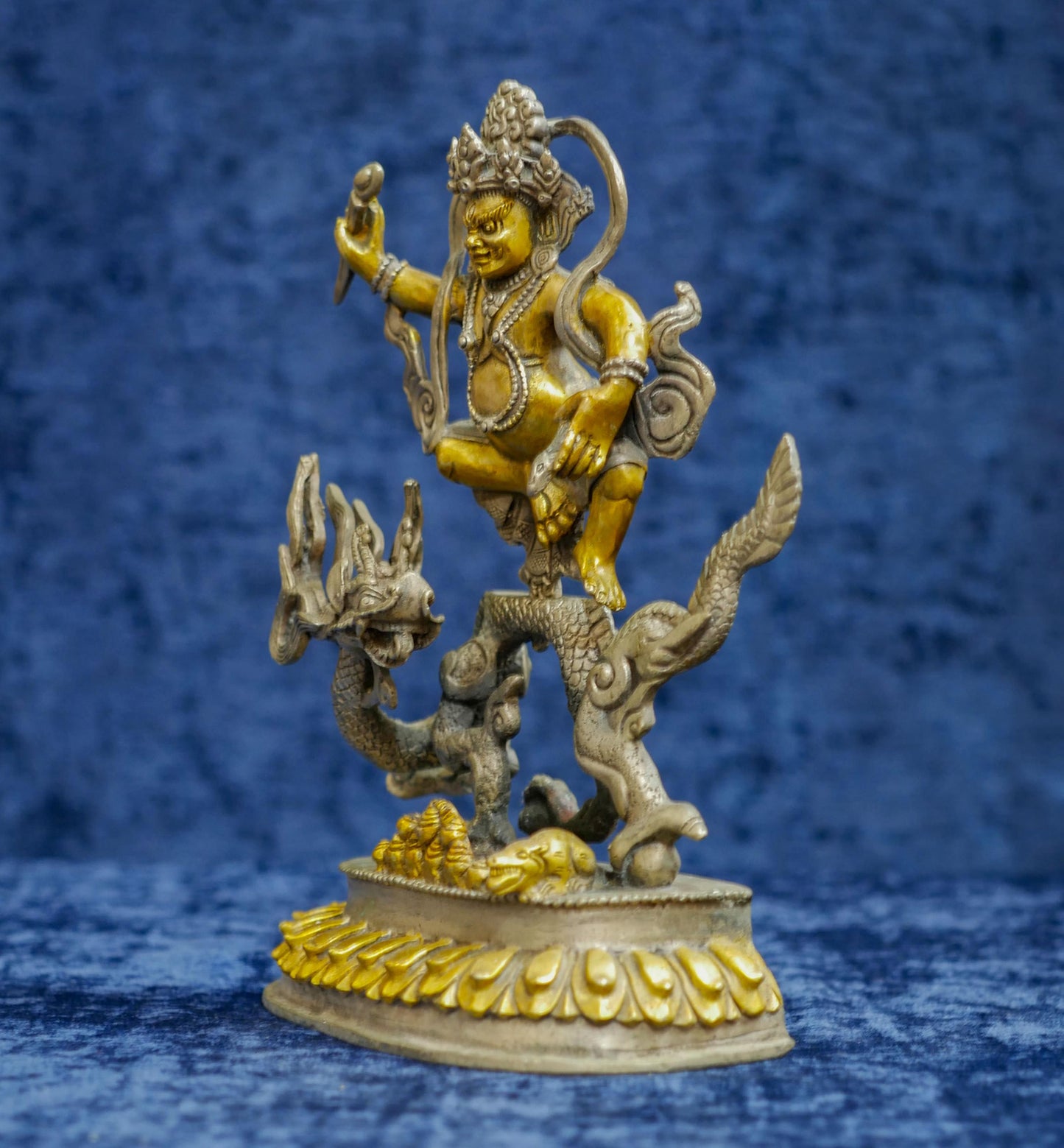 Vintage Chinese Kubera Jambhala Buddha Riding Dragon Statue Sculpture - 8" Tall